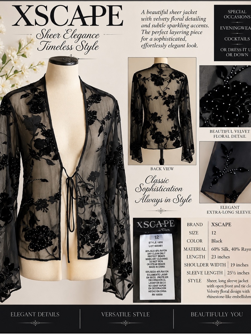 Black Sheer Floral Velvet Kimono Jacket